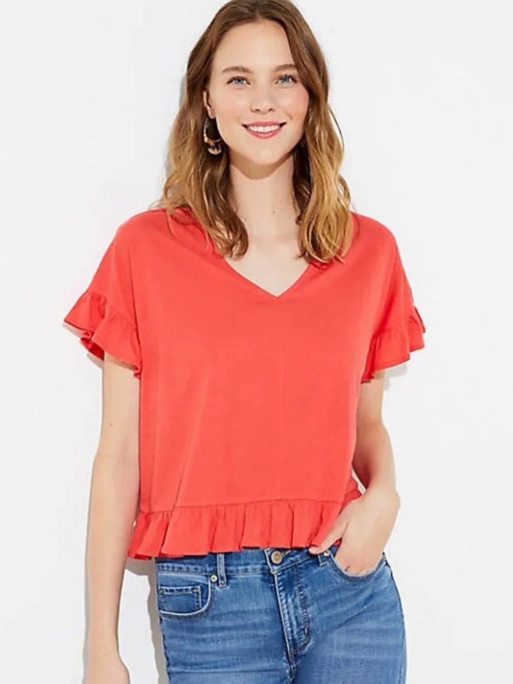 NWOT LOFT Coral-Red V-Neck Short Sleeve Flutter Statement Top with Ruffle Hem